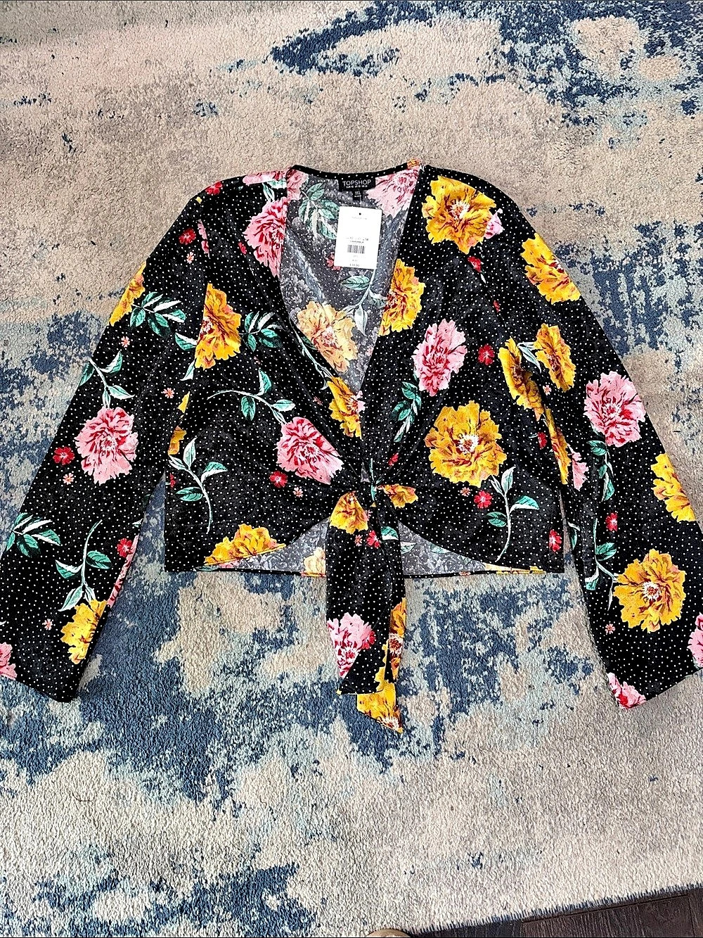 Topshop Floral Polka Dot Tie Front Top Floral Tie-Front blouse Black & Pink